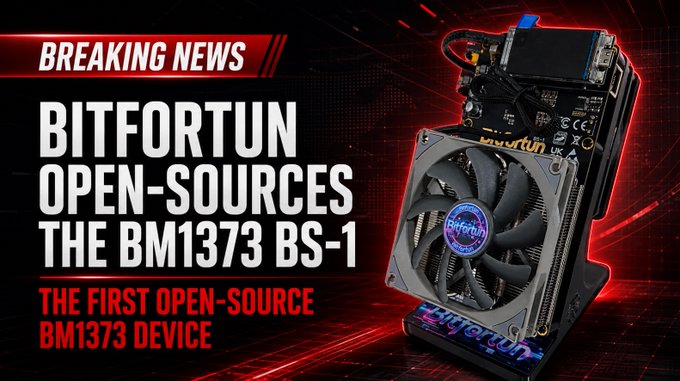 A "Breaking News" graphic announces that Bitfortun is open-sourcing the BM1373 BS-1, described as the first open-source commercial BM1373 device, featuring an image of the Bitfortun-branded mining hardware with its cooling fan and circuit board visible.