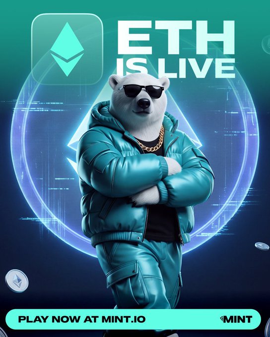 An advertisement featuring a white bear wearing sunglasses, a teal puffer jacket, and a gold chain, promoting 'ETH IS LIVE' with the Ethereum logo and a banner reading 'PLAY NOW AT MINT.IO'.