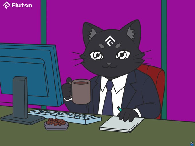 The image features a black cat mascot in a suit sitting at a desk with a computer, coffee mug, and notepad, branded with the "Fluton" logo in the top left. It illustrates Fluton's role as a vigilant guardian addressing the security vulnerabilities highlighted in the post about multichain data leaks during transactions.