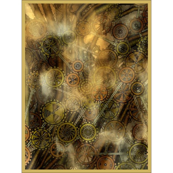 A digital artwork in sepia tones featuring an intricate, repeating pattern of overlapping steampunk gears, cogs, and mechanical wheels.