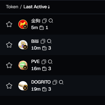 The image shows a list of four tokens on what appears to be a trading or meme coin tracker, with "PVE" prominently highlighted at 16 minutes since last active and 3 entries, aligning with the post's discussion of PVE tech as a key bullish thesis for the flap meta replacing noxa.
