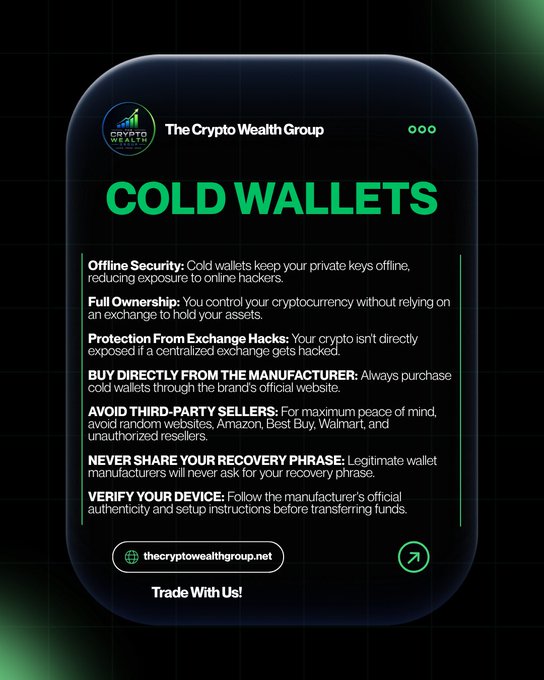 A digital promotional graphic for 'The Crypto Wealth Group' titled 'COLD WALLETS' in bright green text, listing security tips like offline security, full ownership, and buying directly from manufacturers.