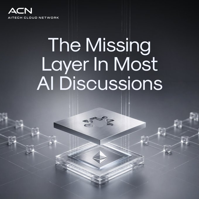 The image features a computer chip surrounded by numerous small cubes, creating an interesting visual effect that resembles a network or a complex structure. The caption above the image reads "The Missing Layer In Most AI Discussions!", which suggests that there might be a missing layer in the discussion about artificial intelligence (AI). This could imply that people are focusing more on AI agents and automation rather than economic coordination, as suggested by the post.