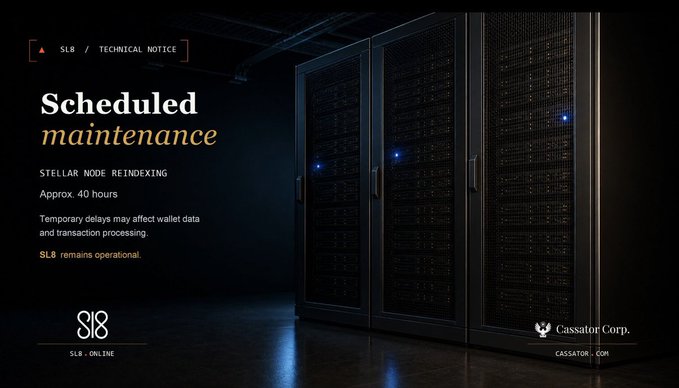 A dark-themed technical notice graphic for "SL8" announces a "Scheduled maintenance" for "STELLAR NODE REINDEXING" of approximately 40 hours, featuring server racks in the background and a "Cassator Corp." logo.