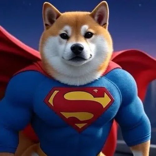 The image shows a Shiba Inu dog dressed as Superman with a blue suit, red cape, and the iconic "S" shield on its chest. The post playfully connects to the image by referencing "Super Inu," a Solana-based dog coin whose name and mascot riff on the Superman theme depicted in the illustration, alongside the Elon Musk "$SI" commentary.