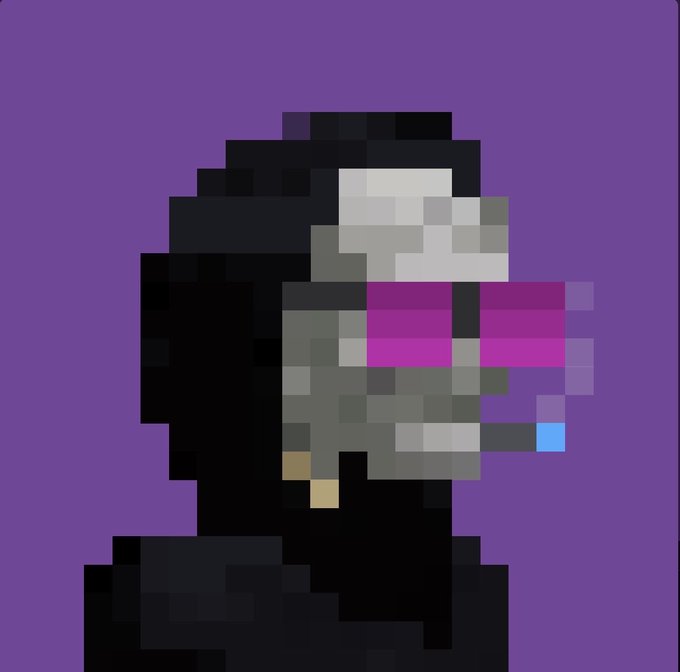 A pixel art portrait of a character wearing pink/magenta visor-style glasses and dark clothing on a purple background.