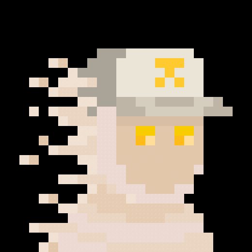 A pixel art ghost-like figure with a beige body, yellow eyes, and a white cap with a yellow symbol, set against a black background.