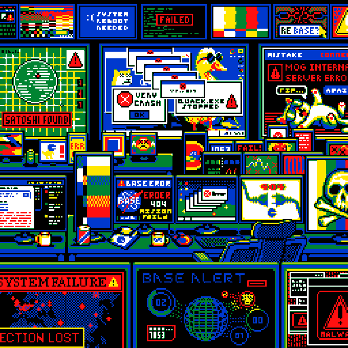 A chaotic collage of glitchy pixel-art screens displays cascading system failures, with prominent error messages like "SYSTEM REBOOT NEEDED," "FAILED," "BASE ERROR 404," "MISTAKE," "DETECTION LOST," and "BASE ALERT," alongside imagery of skulls, a cat, and a "SATOSHI FOUND" notice. The visual relates to the post by evoking a "BasePaused" state through its overwhelming display of crashes, errors, and warnings surrounding the Base alert, mirroring the chaotic feel of an imminent minting deadline.