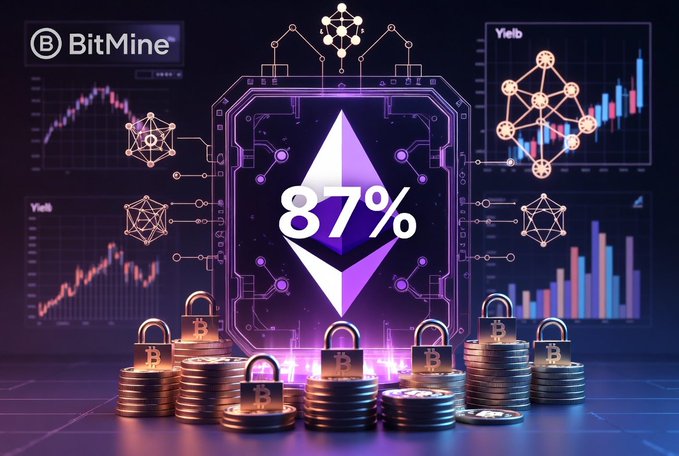 A digital promotional graphic featuring the Ethereum logo with '87%' overlaid, surrounded by stacks of Bitcoin coins with padlocks, crypto network diagrams, and stock charts, branded 'BitMine' in the top left corner.