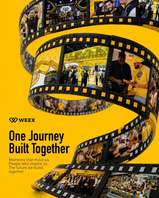 A promotional graphic with a film strip design containing various photos, bearing the text 'WEEX One Journey Built Together Moments that move us. People who inspire us. The future we build, together'.