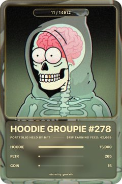 The image shows a digital trading card titled "HOODIE GROUPIE #278" featuring a skeleton character wearing a hoodie with an exposed pink brain, listed with a portfolio hold of 11/14912, portfolio metrics (Hoodie: 15,000, PLTR: 205, COIN: 15), and 42.069 SKRIP earnings. The card appears to be part of an on-chain NFT collection being developed for v2, showcasing the skeletal "Hoodie Groupie" character as a collectible asset tied to real stock tickers like PLTR and COIN.