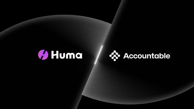 Dark promotional graphic showing a partnership between Huma (with pink circular logo) and Accountable (with cloud-cluster logo), separated by a diagonal beam of light.