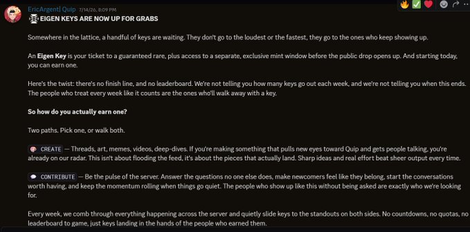A screenshot of a Discord post titled 'EIGEN KEYS ARE NOW UP FOR GRABS' from EpicAccord Quip, detailing two paths (CREATE and CONTRIBUTE) to earn keys.