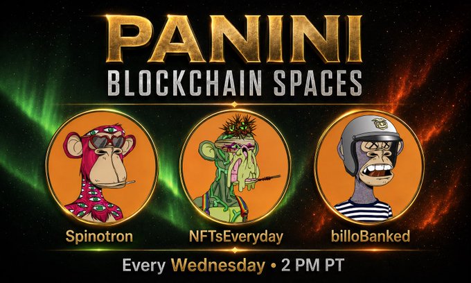 The image features a poster for an event called "Panini Blockchain Spaces". The poster has three cartoon characters representing different types of cryptocurrency wallets, including Spinotron, NFTsEveryday, and BilloBank. Each character wears sunglasses and is wearing a hat with a unique design. The text on the poster includes information about the event, such as its name, date, time, and the names of the speakers or presenters.