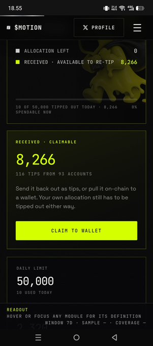 A mobile app screenshot titled "$NOTION" showing 8,266 tokens received, claimable, with a yellow "CLAIM TO WALLET" button, and a daily limit of 50,000.