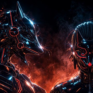 Digital art depicting two robotic figures, one resembling a wolf and one a humanoid, facing each other with glowing red and blue accents against a fiery dark background.