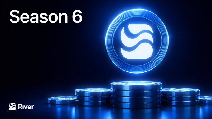 A promotional graphic announcing 'Season 6' featuring a glowing blue 'S' logo above stacked coins with the 'River' logo in the corner.