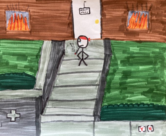 The image features a drawing of a person walking up a set of stairs, with a house behind them. The drawing also includes a fire burning inside the house, adding a sense of danger or urgency to the scene. The artist has used black and green colors for the drawing, creating a contrast between the dark elements like the fire and the lighter background representing the house.