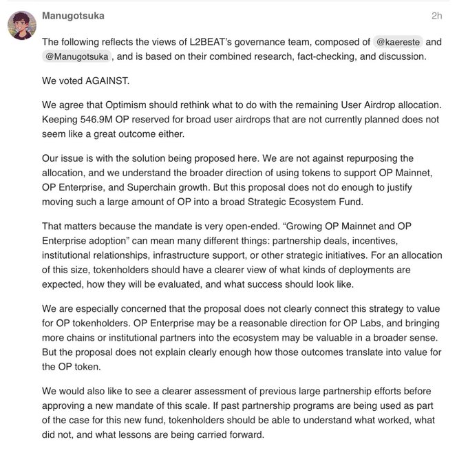 L2BEAT governance team (kaereste and Manugotsuka) announces their AGAINST vote on Optimism Proposal 7104, citing insufficient justification for redirecting 546.9M OP tokens to a Strategic Ecosystem Fund without clear deployment criteria, value alignment for OP tokenholders, or assessment of prior partnership outcomes.