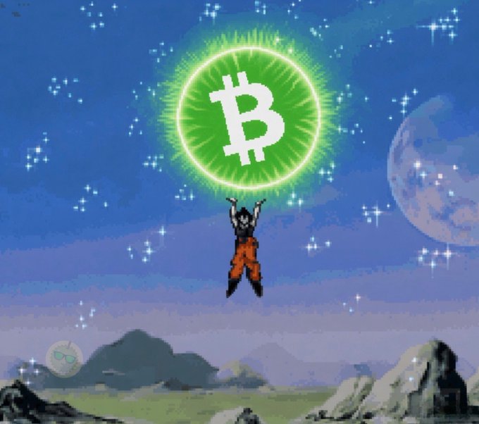 A pixel art-style image showing Goku from Dragon Ball lifting a glowing green Bitcoin symbol above his head against a starry night sky with planets and mountains in the background.