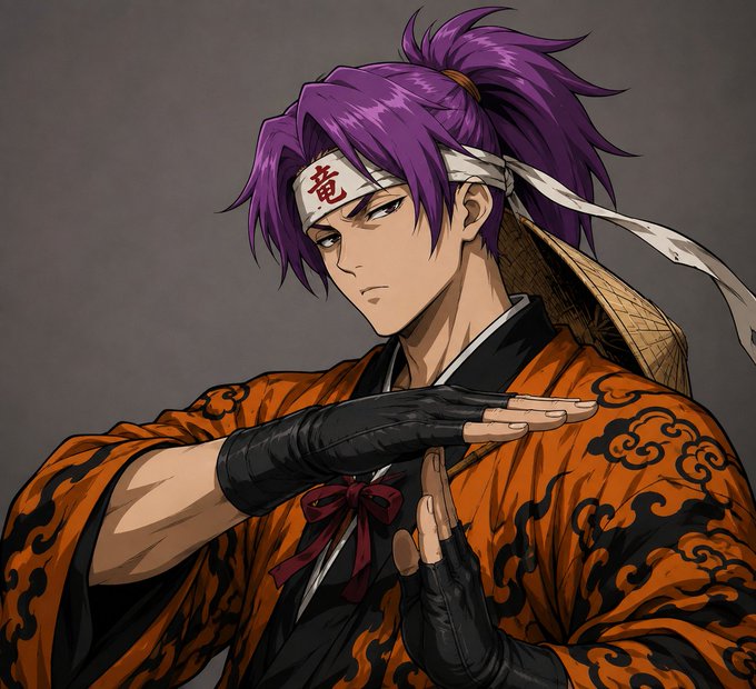 An anime-style illustration depicts a character with purple hair tied in a ponytail, wearing a white headband with the red kanji '竜' (dragon), and an orange kimono with black cloud patterns, posed with hands in a martial arts stance.