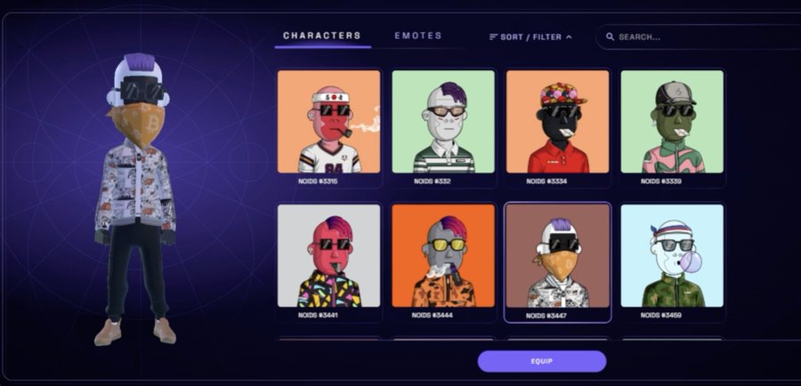 A character selection screen showing an NFT avatar with a bandana and beanie, highlighting 'NODO #3447' for equipping among other character options labeled NODO #3315, #3332, #3334, #3336, #3441, #3444, and #3459.
