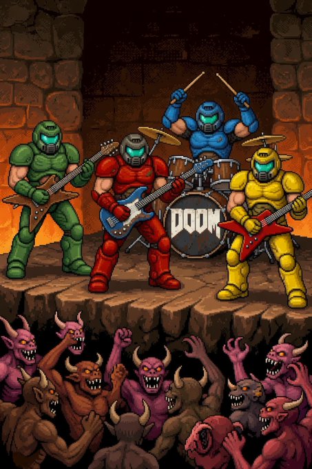 A colorful pixel-art illustration shows four armored figures in green, red, blue, and yellow playing electric guitars and drums on a stone platform, with the word "DOOM" on the bass drum. Below them, a crowd of pink and brown horned demons cheer with raised arms and open mouths, set against a fiery dungeon backdrop.