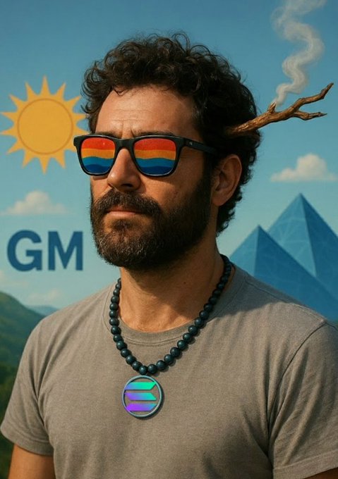 A bearded man wearing rainbow-lens sunglasses and a beaded necklace with a ZEC-style "Z" pendant stands against a sky backdrop featuring a sun graphic, "GM" text, and pyramids, with a smoke-trailing branch. The image fits the "GM" greeting post by visually expressing his conviction through the prominent Zcash-inspired medallion as his pick for the cycle.
