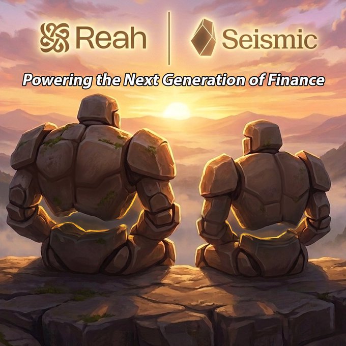 The image features two stone golem-like figures sitting on a cliff overlooking a sunrise landscape, with "Reah" and "Seismic" logos displayed at the top under the tagline "Powering the Next Generation of Finance," visually representing the partnership between the two fintech companies as a powerful, enduring alliance looking toward a new dawn in banking infrastructure.