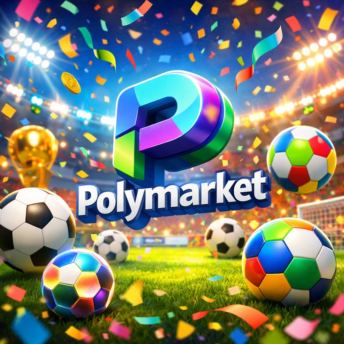 A colorful, 3D-rendered graphic for "Polymarket" featuring a stylized 'P' logo surrounded by soccer balls, a trophy, and confetti in a stadium setting.