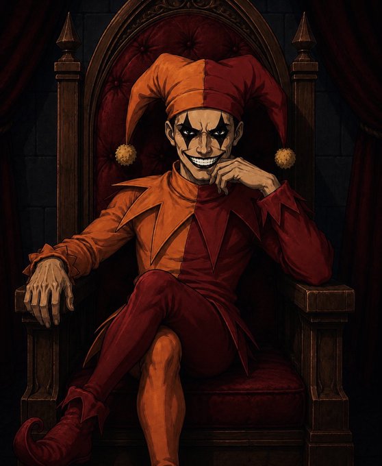 A sinister jester lounges menacingly on a dark throne, grinning with a wide, toothy smile and wearing a classic red and orange harlequin costume. The eerie, almost threatening atmosphere of the image plays into the post's "having fun on chain" theme by suggesting a darker, chaotic edge to the crypto on-chain activity.