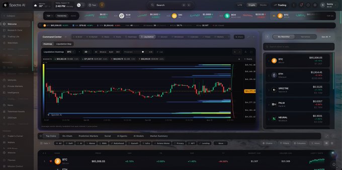 A cryptocurrency trading interface showing a Bitcoin (BTC) chart at $85,006.05 in the Command Center, with other watchlisted tokens like ETH, SPECTRE, PALM, and NEURAL displayed in the sidebar.