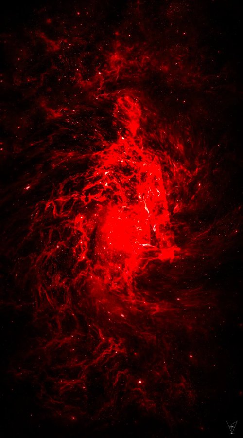 A red and black abstract or astronomical image showing a bright red, glowing nebula-like form surrounded by stars against a dark background.