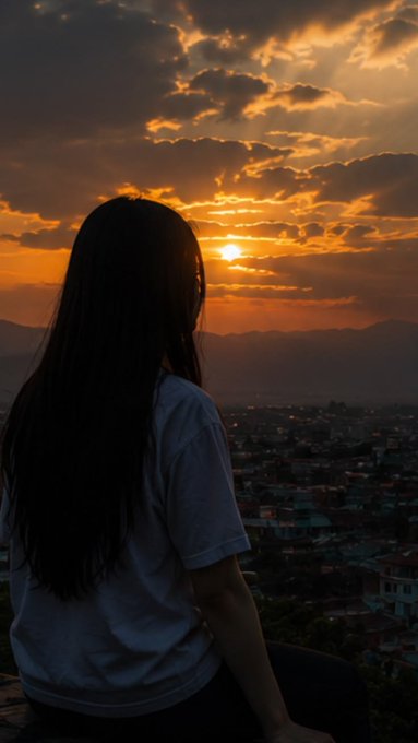 Silhouette of a woman with long dark hair sits facing a dramatic golden sunset over a mountainous landscape and distant town. Dramatic clouds scatter sunbeams across the orange sky.