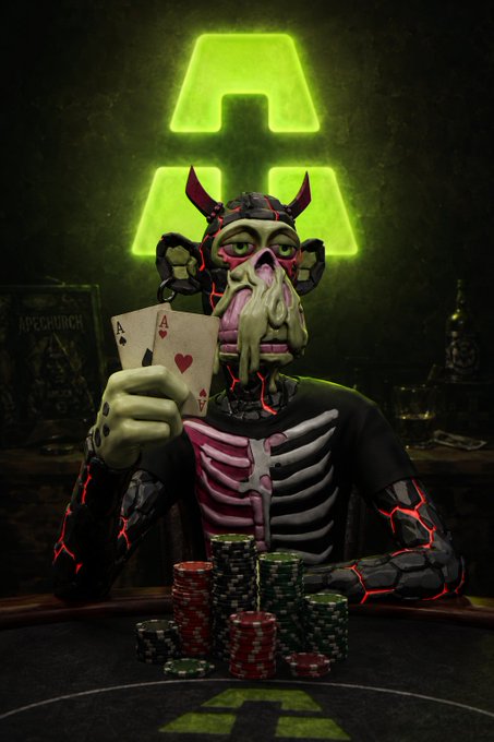 A digitally rendered gaming character wearing a green oni-style demon mask with horns, dressed in a black skeleton hoodie, holding two aces at a poker table with stacked chips against a glowing green logo background.