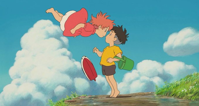 An anime-style illustration shows a red-haired character floating in the air above a young boy holding a green watering can, set against a backdrop of fluffy white clouds.