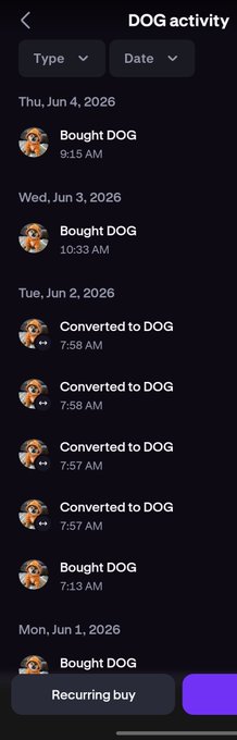 The image shows a phone screen displaying a list of dates, times, and messages related to dog ownership activities. There are several messages about buying and selling dogs, with one message specifically mentioning "dog bought" and another referring to "dog sold". The phone's screen also displays a purple button that says "recording buy", indicating the user is capturing these messages for future reference or sharing them on social media platforms.