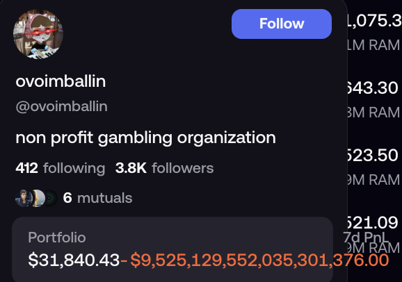 A social media profile for 'ovoimballin' (@ovoimballin) describes itself as a 'non profit gambling organization' with 412 following, 3.8K followers, and shows a portfolio ranging from $31,840.43 to $9,525,129,552,035,301,376.00.