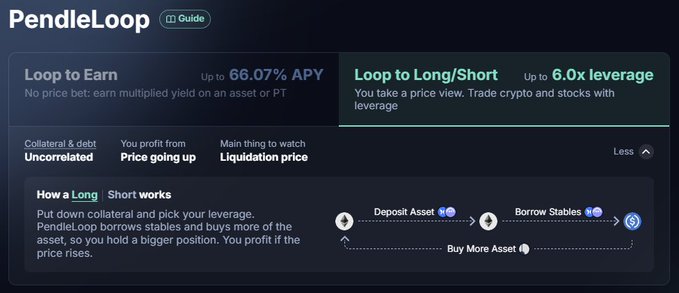 A PendleLoop interface explaining the “Loop to Long/Short” method, marked “Up to 6.0x leverage,” with steps including “Deposit Asset,” “Borrow Stables,” and “Buy More Asset,” while the left tab mentions “Loop to Earn” and “Up to 66.07% APY.”