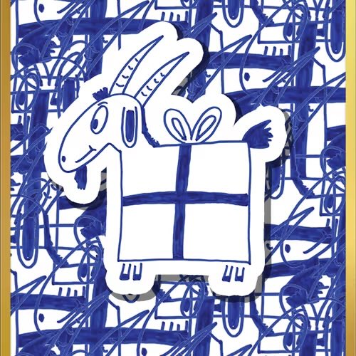 A drawing of a goat-shaped gift box with a blue ribbon, set against a busy blue and white patterned background framed in gold.