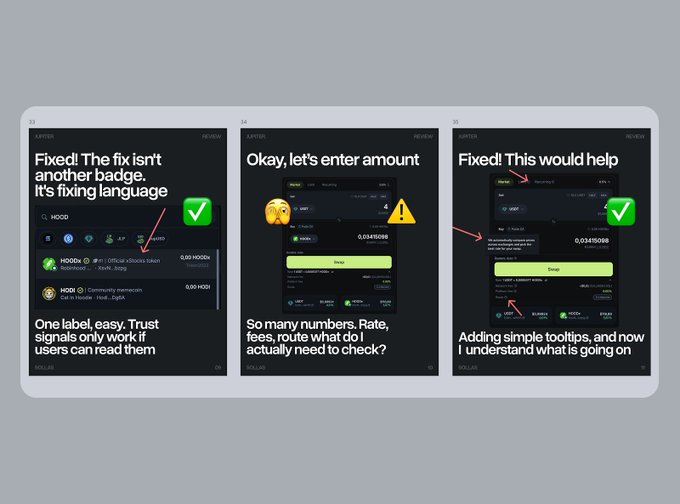 A user interface feedback presentation shows three mobile app screens for the Hoodi platform, highlighting fixes for badge labels, trade amounts, and the addition of tooltips, with annotations like 'Fixed! The fix isn't another badge. It's fixing language.'