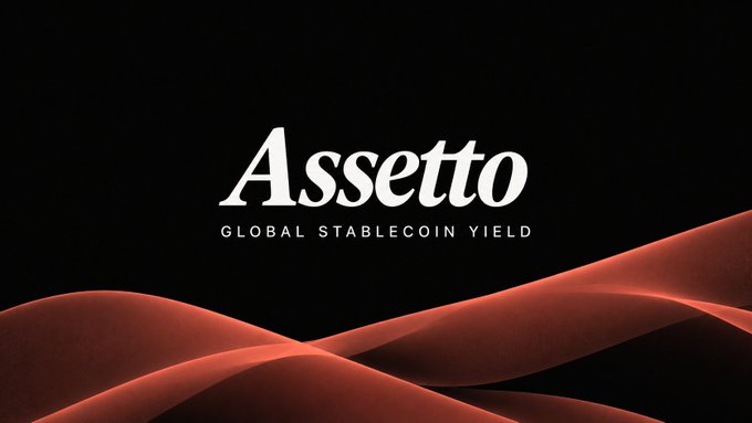A sleek black promotional banner with white serif text reading 'Assetto' and a subtitle 'GLOBAL STABLECOIN YIELD', accented by red flowing ribbon designs.