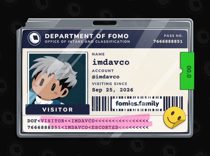 A digital ID badge for the "Department of FOMO" showing the username "imdavco" and account "@imdavco" with a visiting date of Sep 25, 2026.