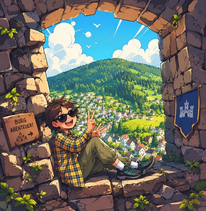 An animated illustration of a cheerful boy with sunglasses sitting in a stone window opening of a castle, making a peace sign while overlooking a scenic village and mountains.