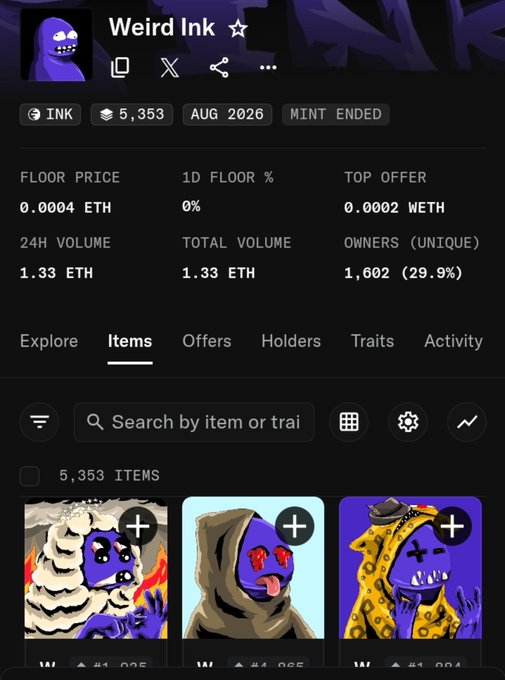 A screenshot of an NFT collection page titled 'Weird Ink' on the INK blockchain, showing 5,353 items, a floor price of 0.0004 ETH, 1,602 unique owners, and sample character artworks.