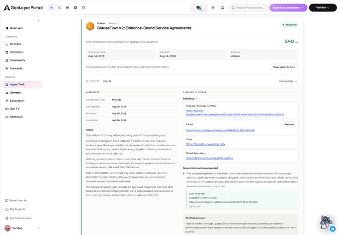A screenshot of the GenLayerPortal website showing a Builder Report for 'ClauseFlow V2: Evidence-Bound Service Agreements' submission with 540 USDC contribution details.