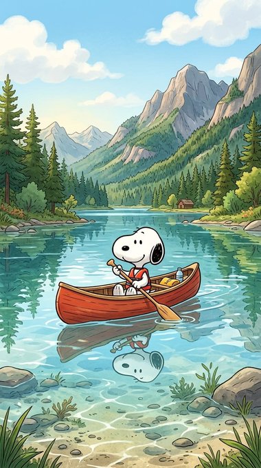 An anime-style illustration of Snoopy wearing a red life vest, rowing a wooden canoe on a clear mountain lake surrounded by pine trees and rocky peaks.