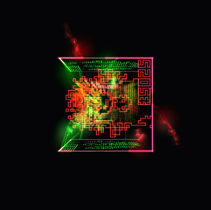 An abstract digital artwork featuring a glowing pink and green wireframe cube with intricate geometric patterns inside, set against a black background.