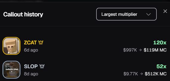 A "Callout history" interface displays two notable crypto callouts: ZCAT with a 120x multiplier going from $997K to $119M MC 6 days ago, and SLOP with a 52x multiplier going from $9.77K to $512K MC 8 days ago, sorted by "Largest multiplier." The image appears to showcase the poster's successful trading callouts, likely to promote their pump.fun referral link shared in the accompanying post.