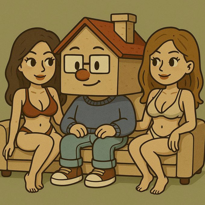 The illustration shows a cartoon character with a house for a head sitting between two women in lingerie on a couch, representing the "house" coin mascot. The caption aligns with the post's theme of finding new meme coins to ride, with the anthropomorphized house symbolizing a crypto token enjoying the "bull market party."